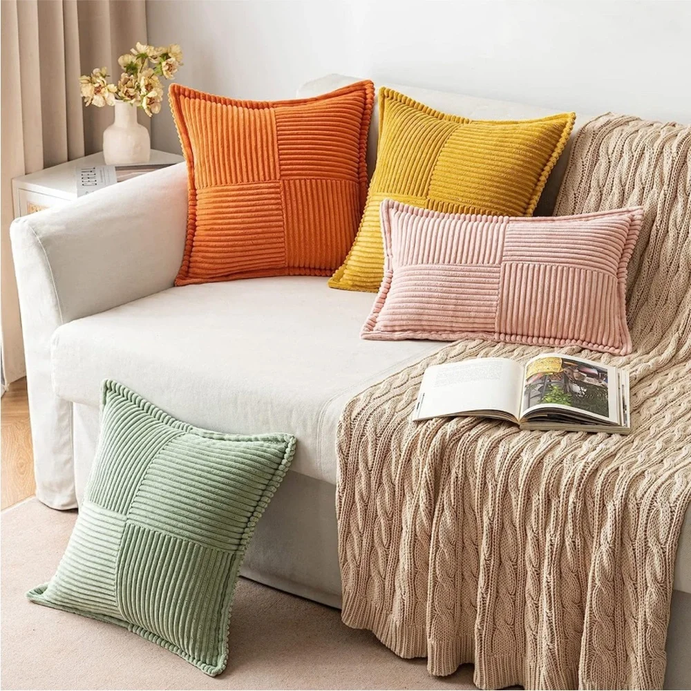 Orange Striped Texture Corduroy Decorative Farmhouse Luxury Soft Pillow CoverSet